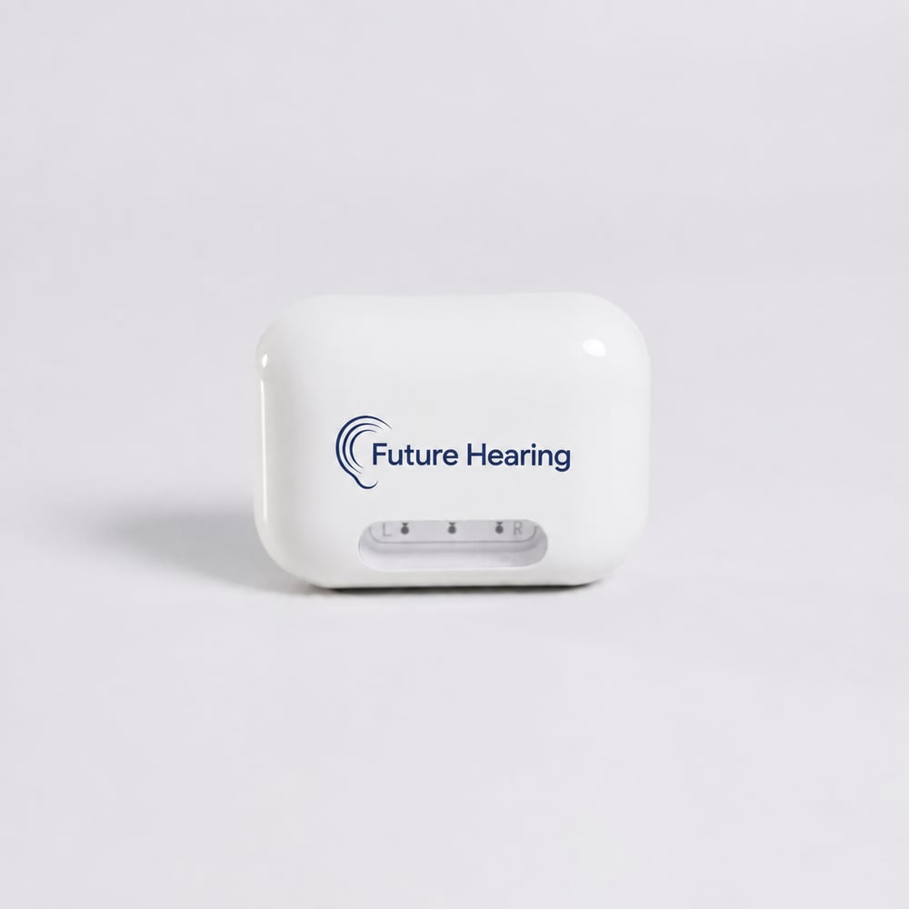 Closed white Future Hearing charging case