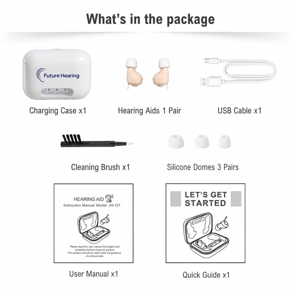 Everything in the Future Hearing box laid out: charging case, two hearing aids, USB cable, cleaning brush, silicone domes, user manual and quick guide