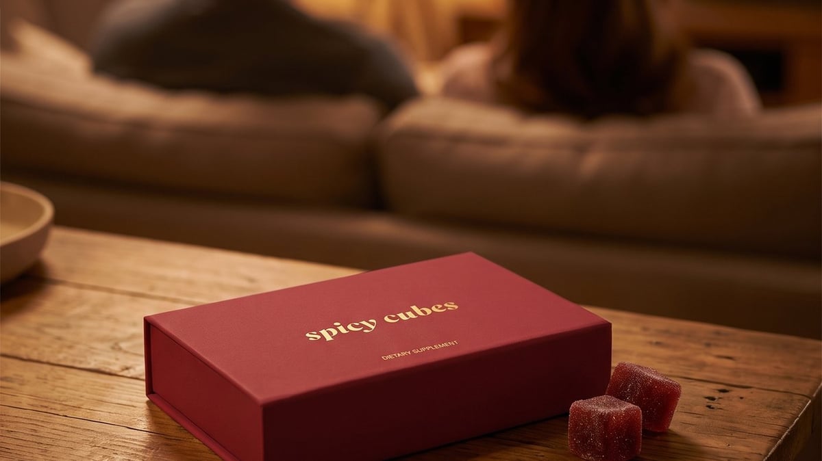 A couple sitting together on a couch in a warm living room, the box on the coffee table in front of them.