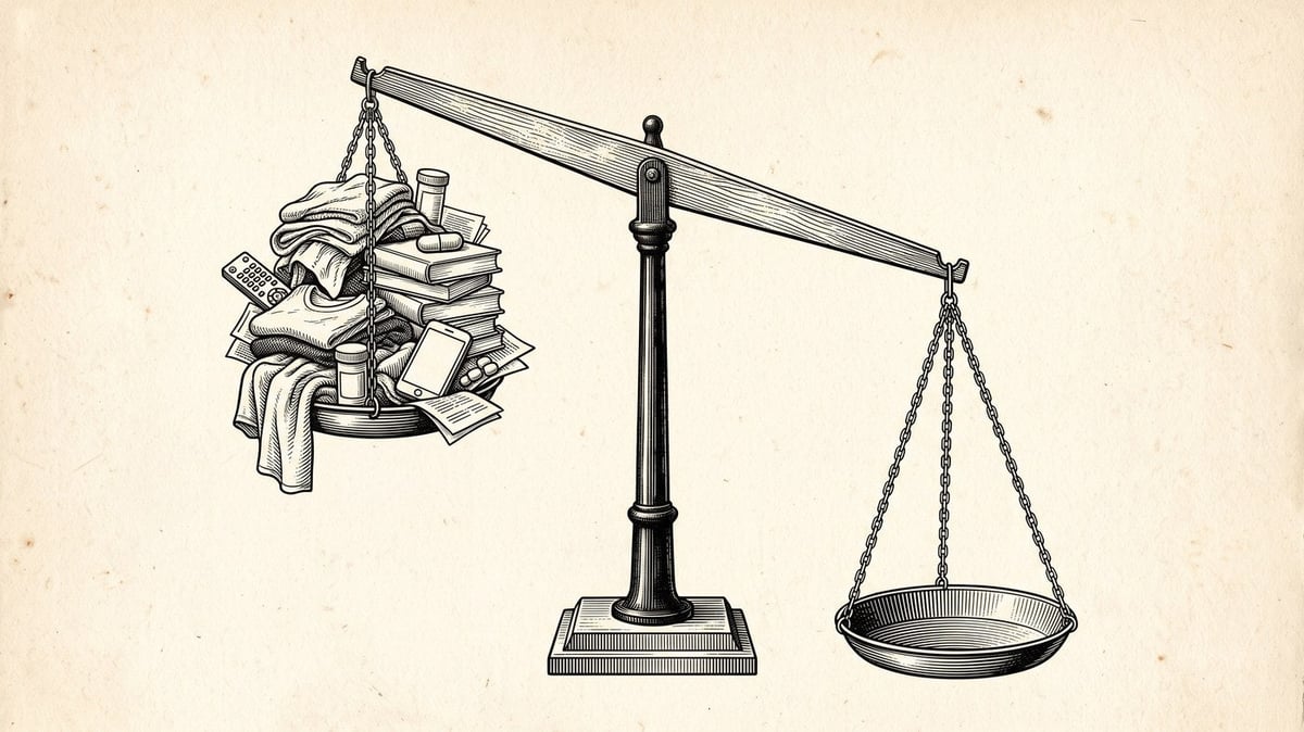 An old balance scale tipped by a pile of housework, books, pills and a phone on one side; the other pan empty.