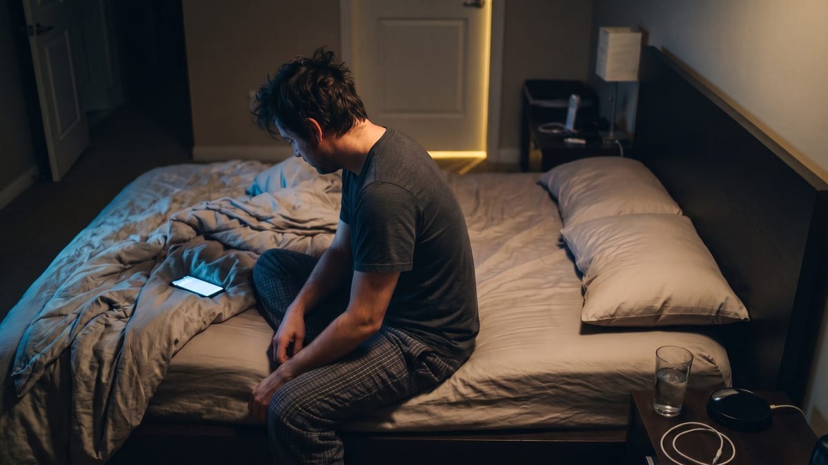 A man sitting on the edge of an unmade bed late at night, head down, the other side of the bed undisturbed.