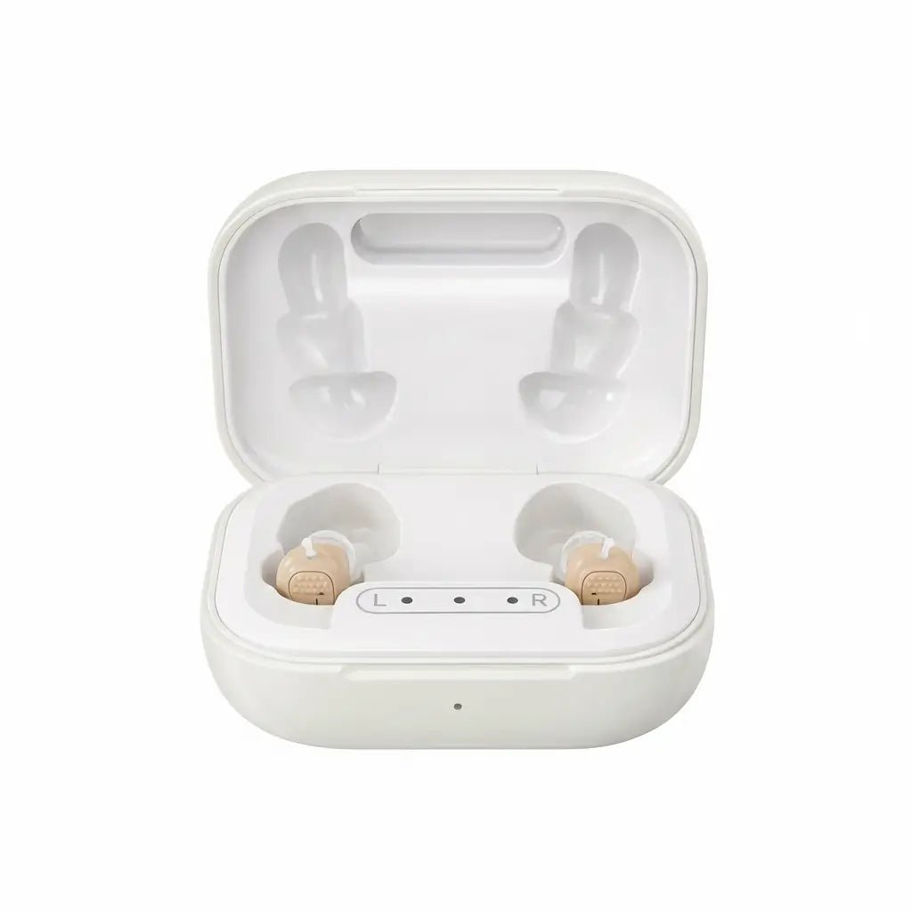 Future Hearing Comfort hearing aids sitting in their open white charging case