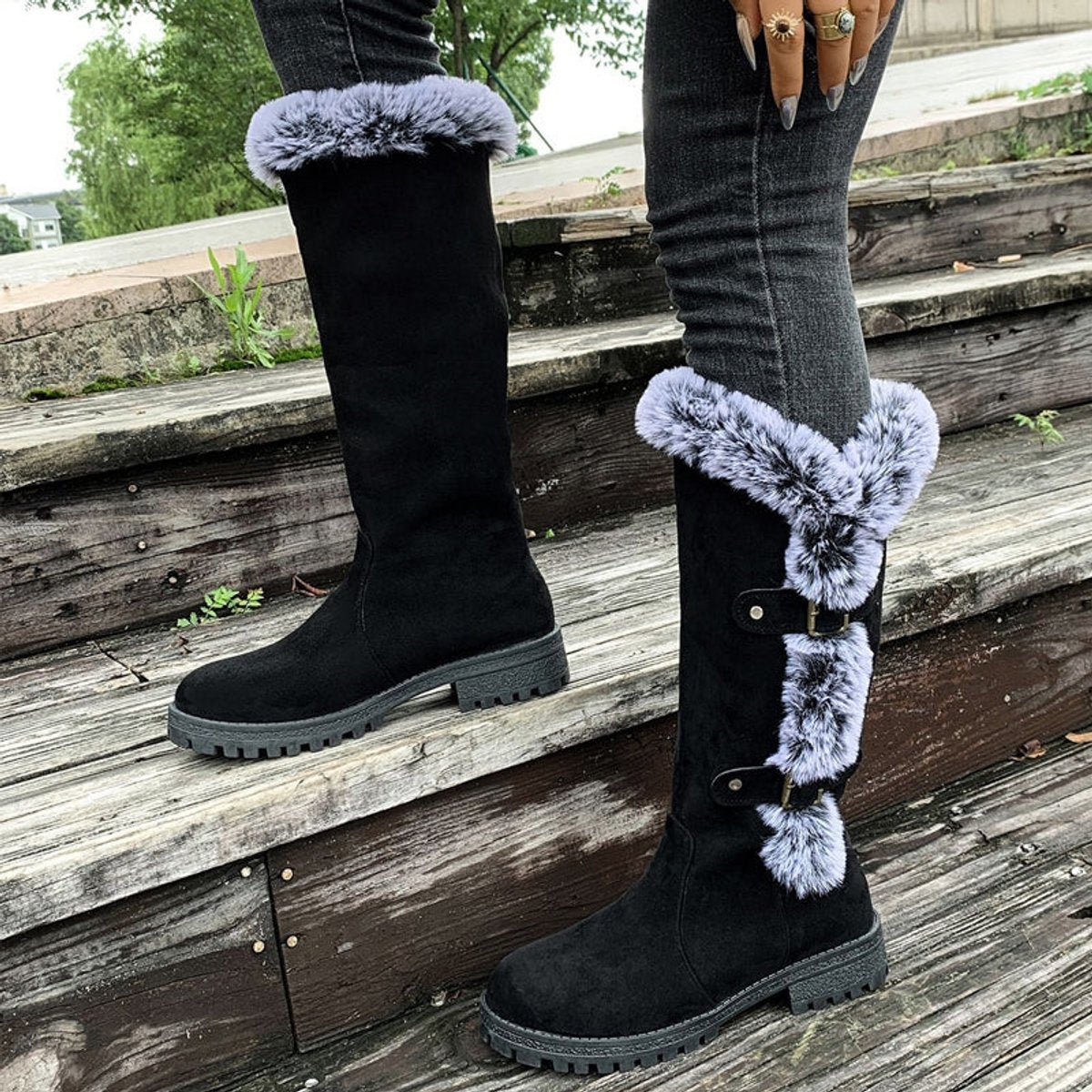 Evie | Women's Buckled Faux Fur Knee High Boots