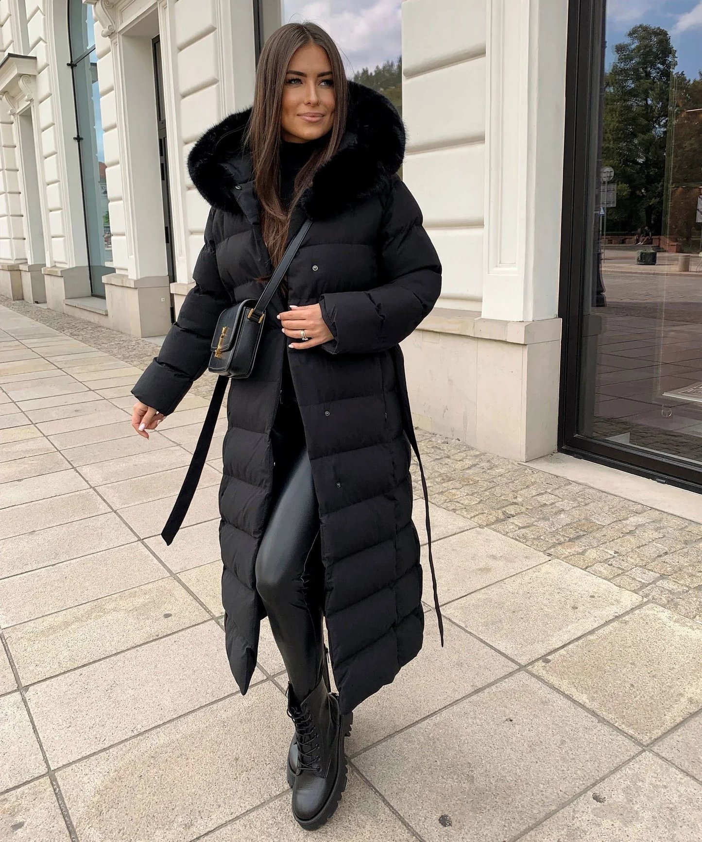 Sophia | Women's Belted Long Puffer Coat with Fur Hood