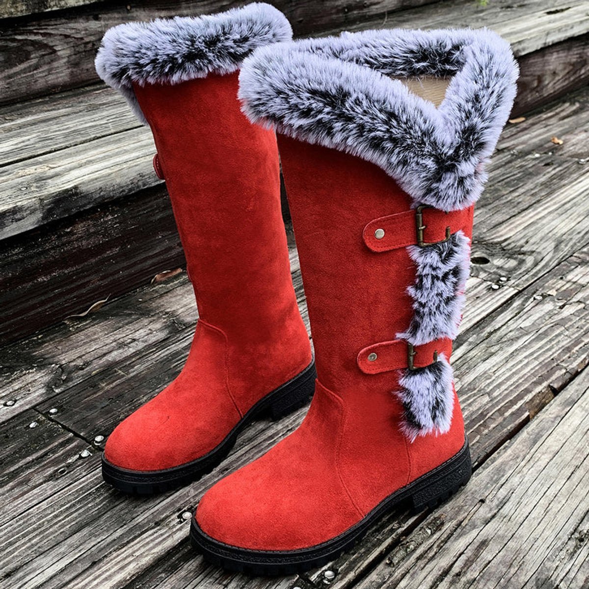 Evie | Women's Buckled Faux Fur Knee High Boots