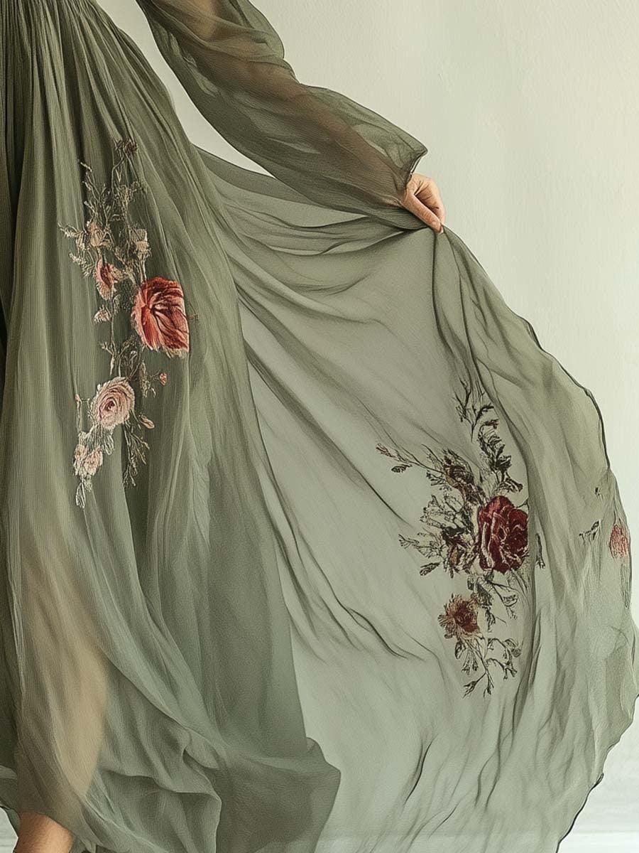 Freya | Women's Embroidered Chiffon Maxi Dress