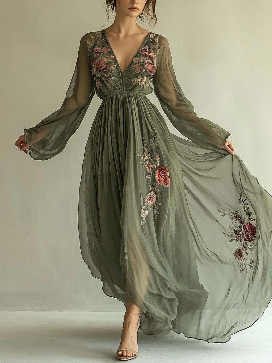 Freya | Women's Embroidered Chiffon Maxi Dress