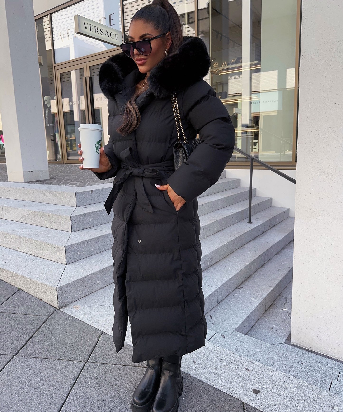 Sophia | Women's Belted Long Puffer Coat with Fur Hood
