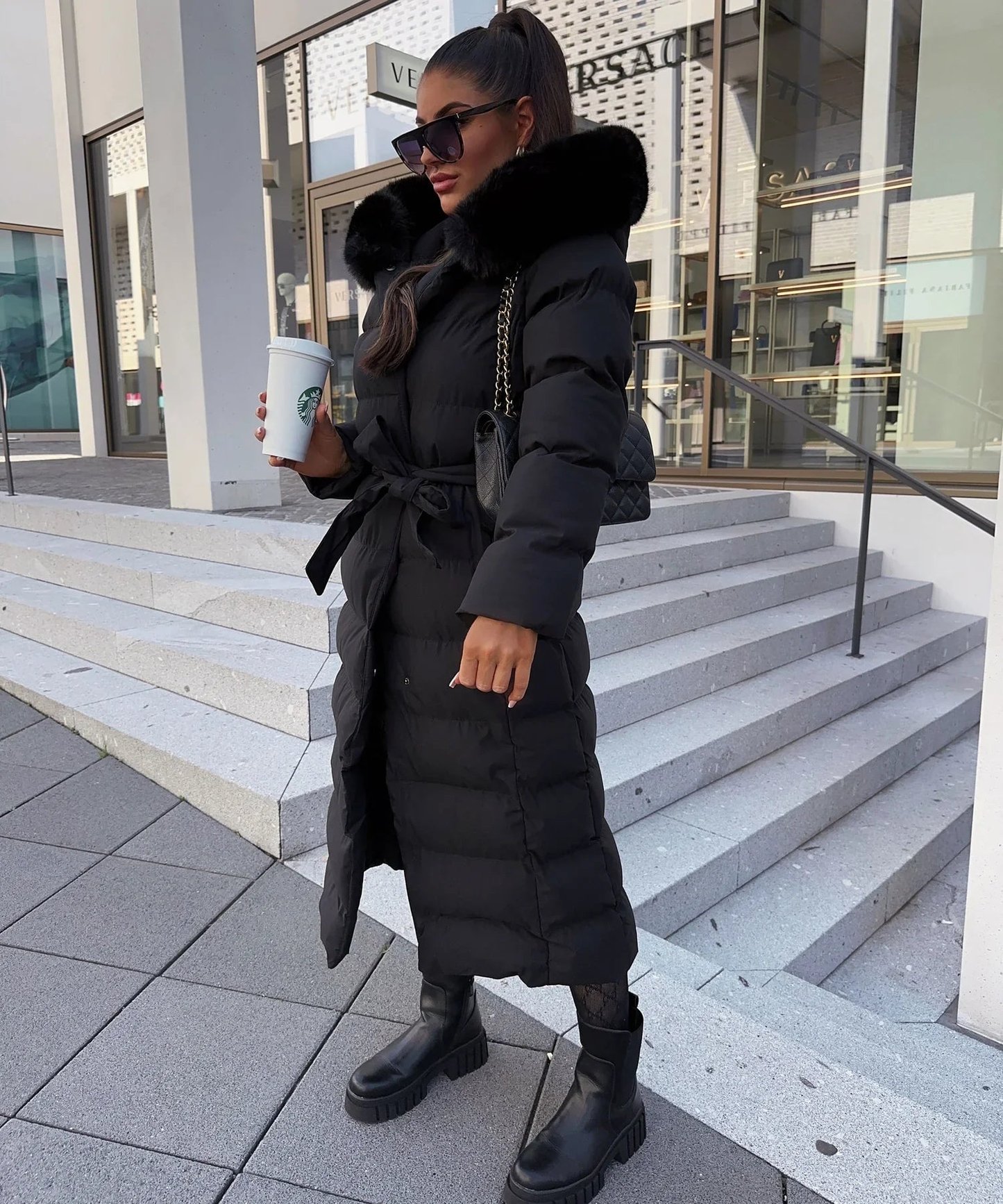 Sophia | Women's Belted Long Puffer Coat with Fur Hood