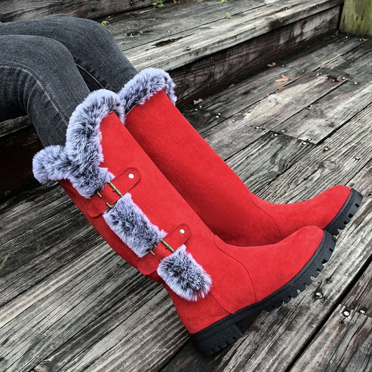 Evie | Women's Buckled Faux Fur Knee High Boots