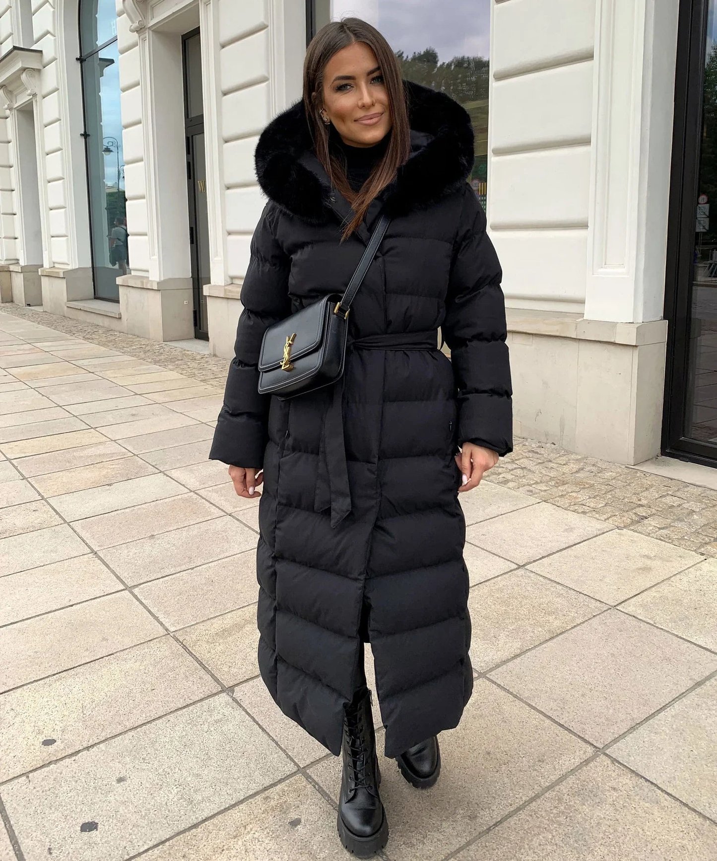 Sophia | Women's Belted Long Puffer Coat with Fur Hood