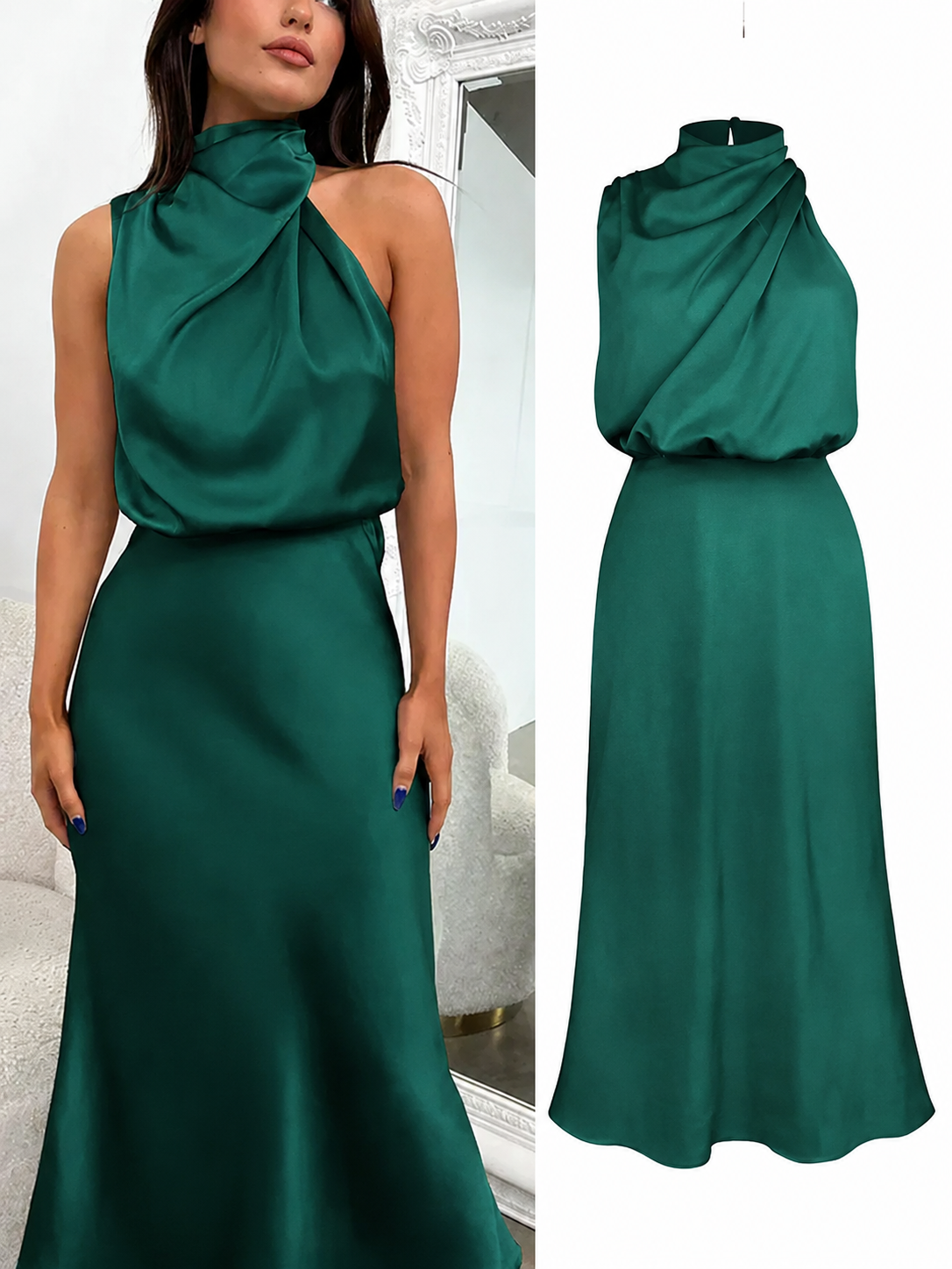 Abigail | Women's Draped Satin Midi Cocktail Dress