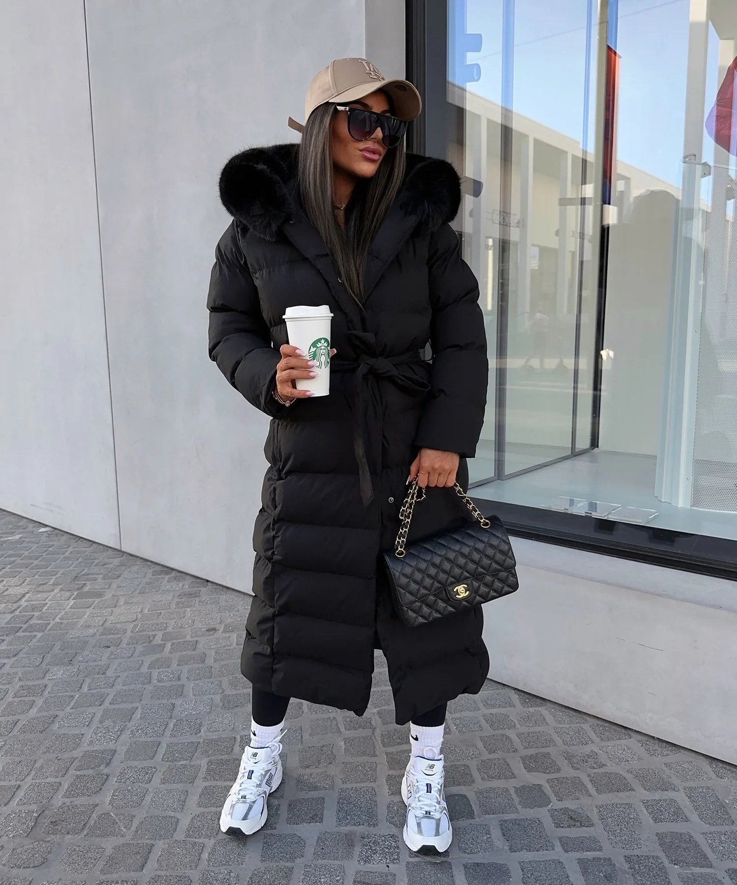 Sophia | Women's Belted Long Puffer Coat with Fur Hood