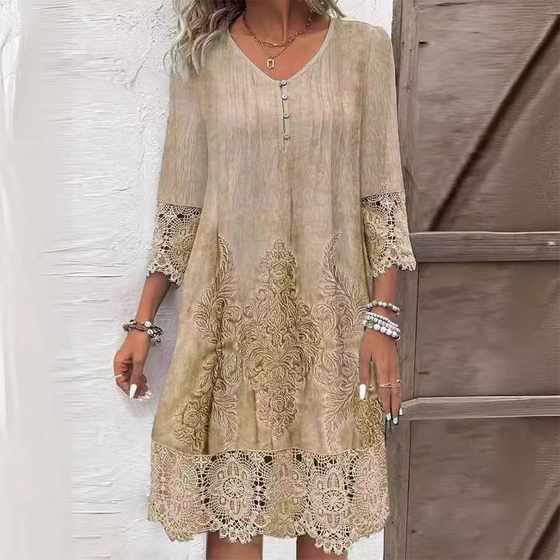 Michelle | Women's Embroidered Lace Midi Long Sleeve Dress