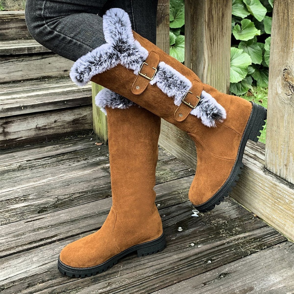 Evie | Women's Buckled Faux Fur Knee High Boots