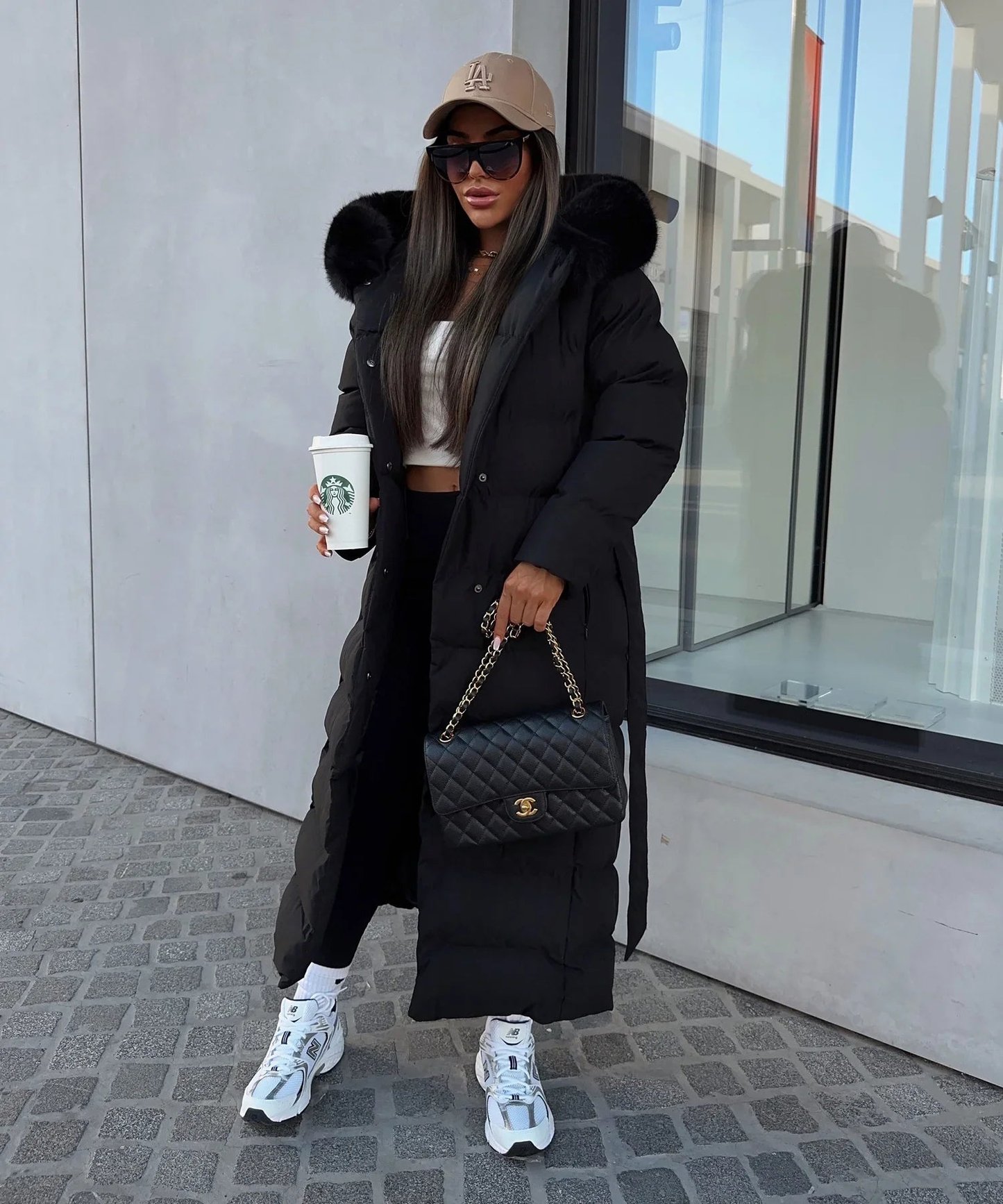 Sophia | Women's Belted Long Puffer Coat with Fur Hood