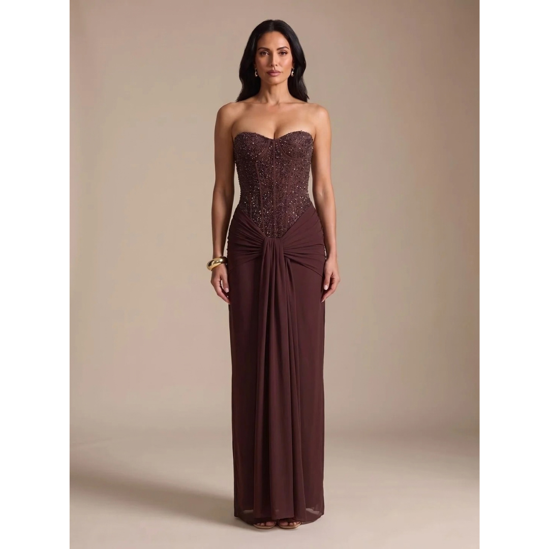 Cordelia | Women's Strapless Off Shoulder Pearl Maxi Dress