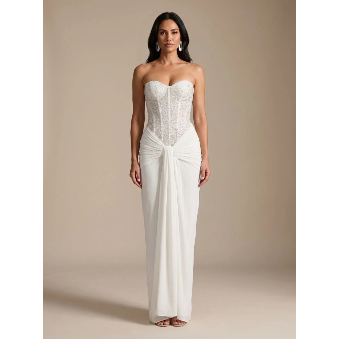 Cordelia | Women's Strapless Off Shoulder Pearl Maxi Dress