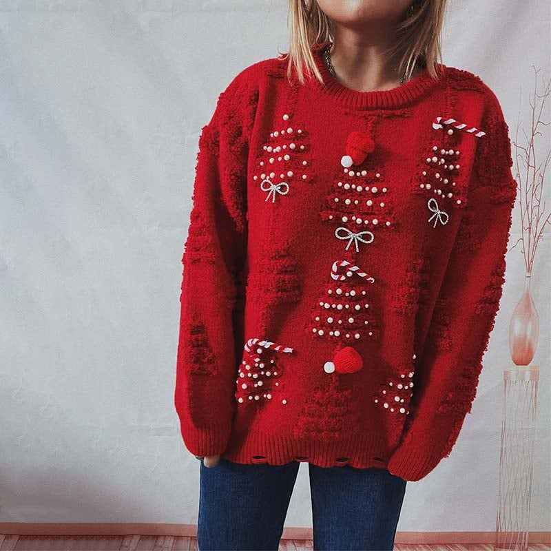Millie | Women's Distressed Embroided Christmas Sweater