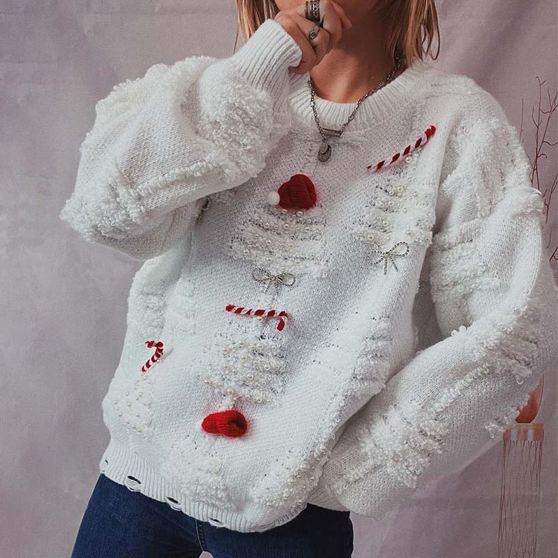 Millie | Women's Distressed Embroided Christmas Sweater