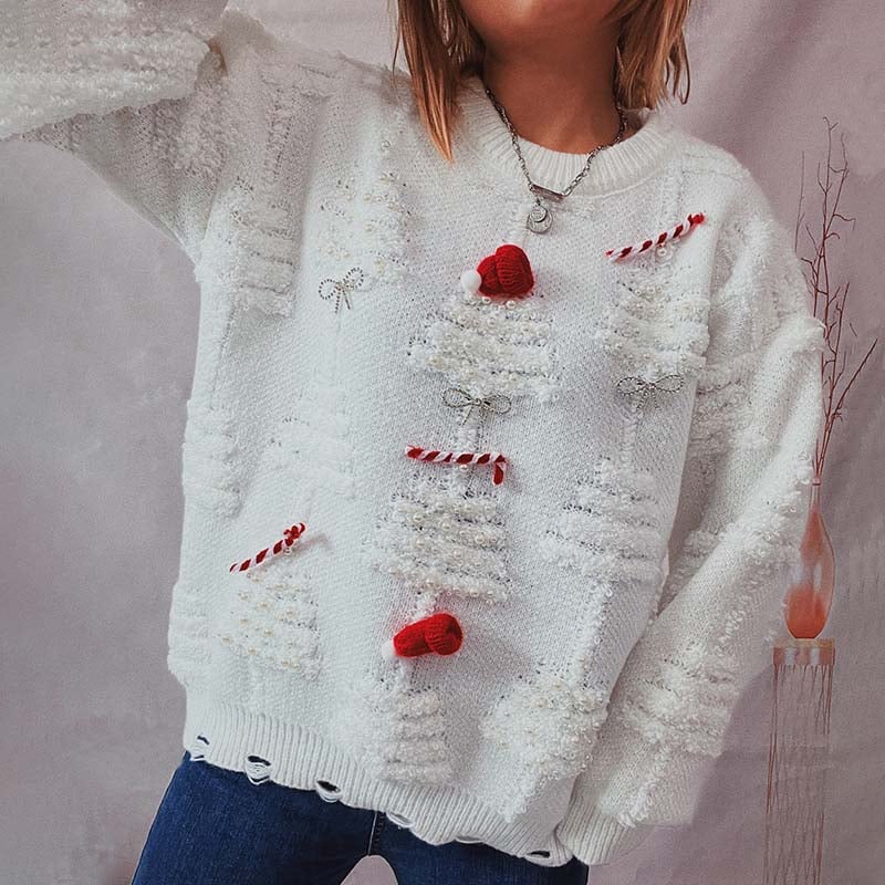 Millie | Women's Distressed Embroided Christmas Sweater