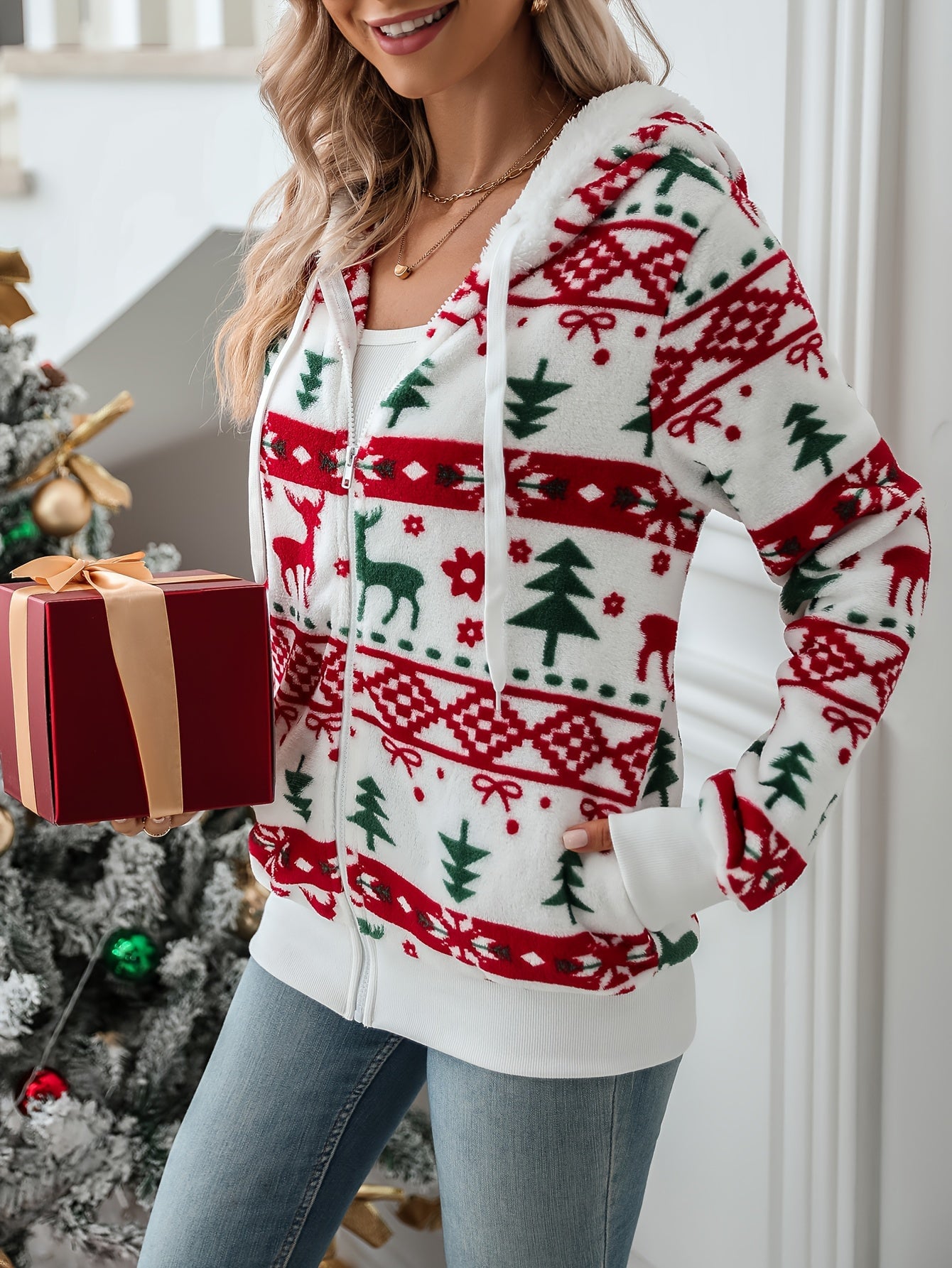 Alice | Women's Festive Hooded Zip Cardigan Christmas Sweater