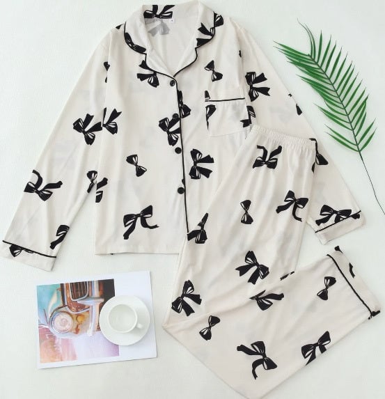 Christmas Womens Christmas Pajamas Button-Up Bow Print Set