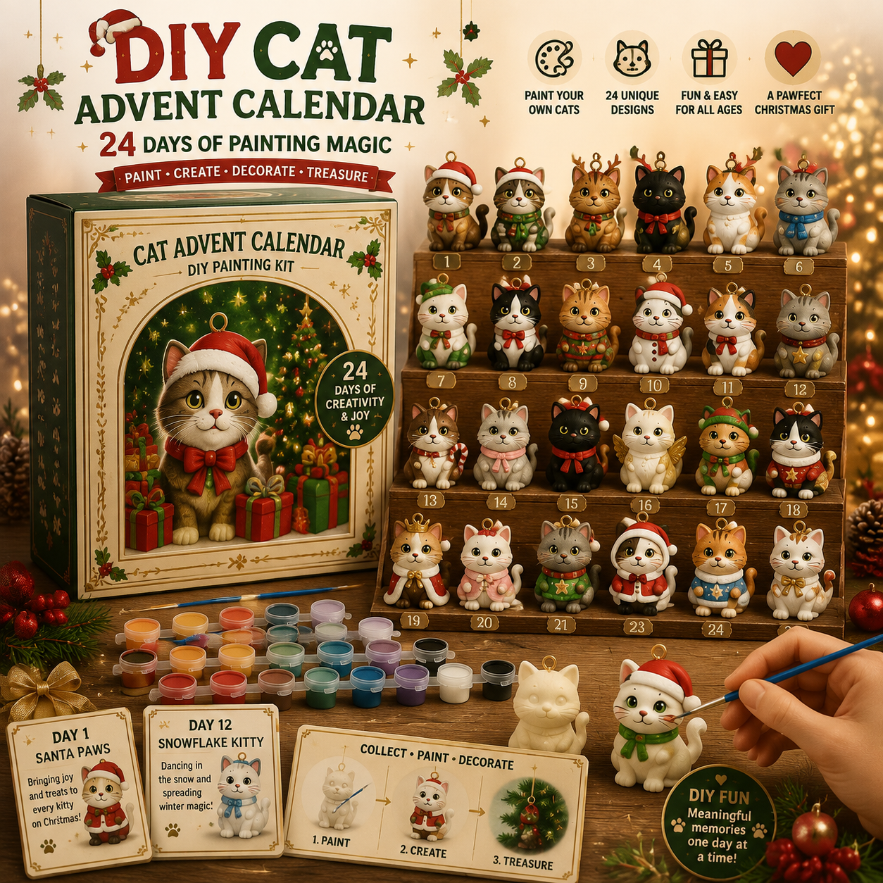 Fillable Advent Calendar DIY Painting Cat Ornament Kit