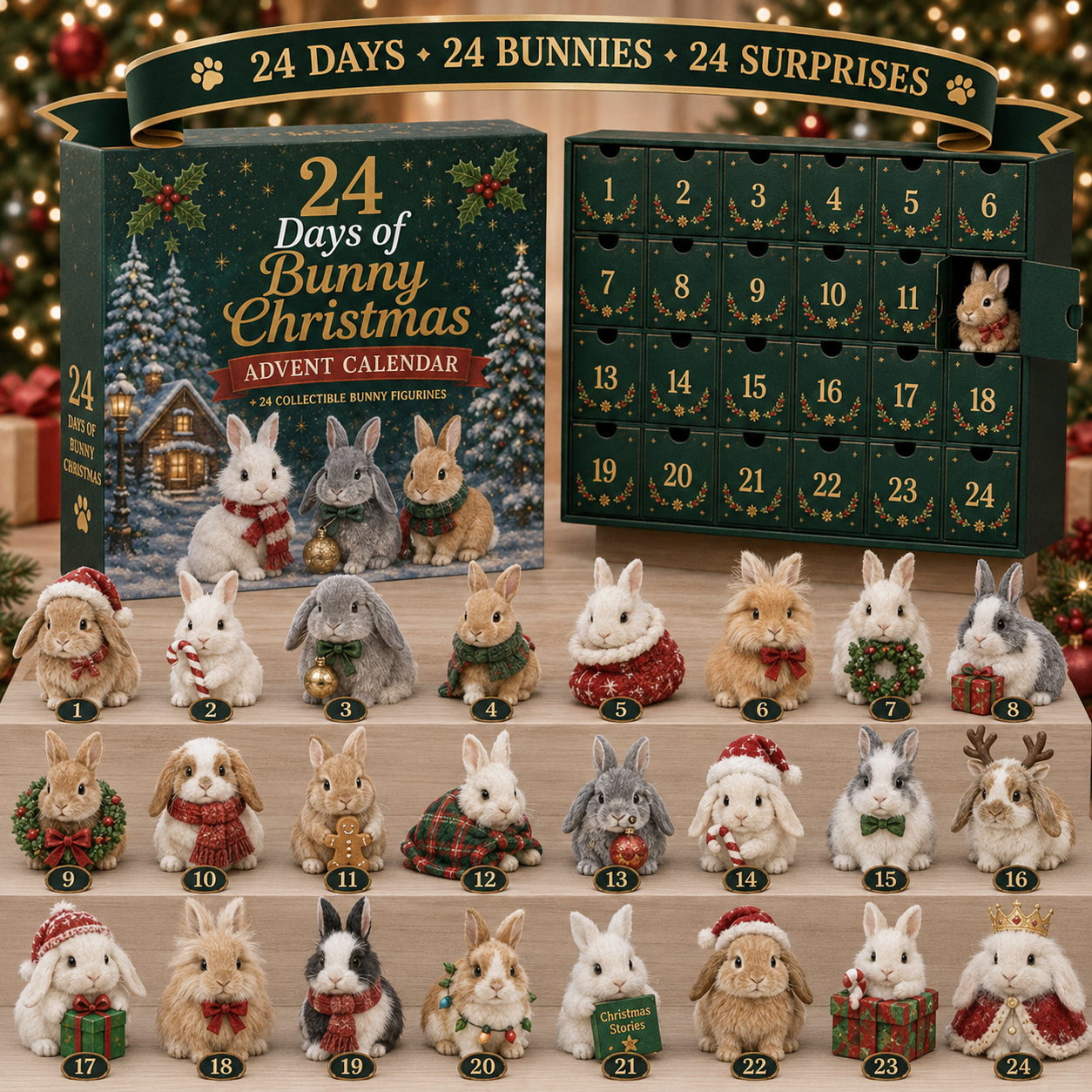 Collectible Bunny Advent Calendar with 24 Festive Figurines