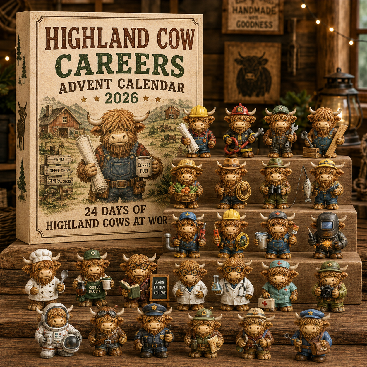 Highland Cow Advent Calendar 24-Day Collectible Figurine Set