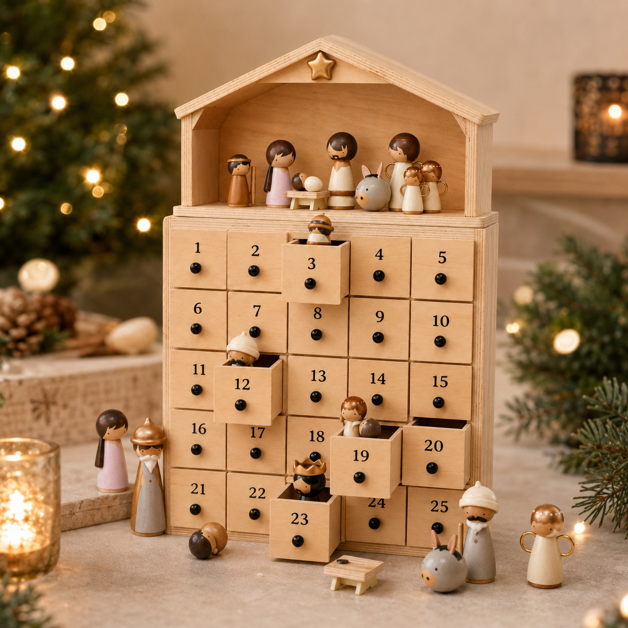 Nativity Advent Calendar 25-Day Wooden Nativity Figures Display