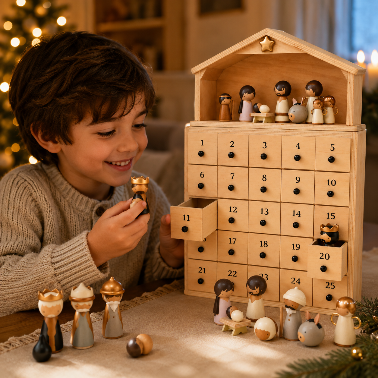 Nativity Advent Calendar 25-Day Wooden Nativity Figures Display