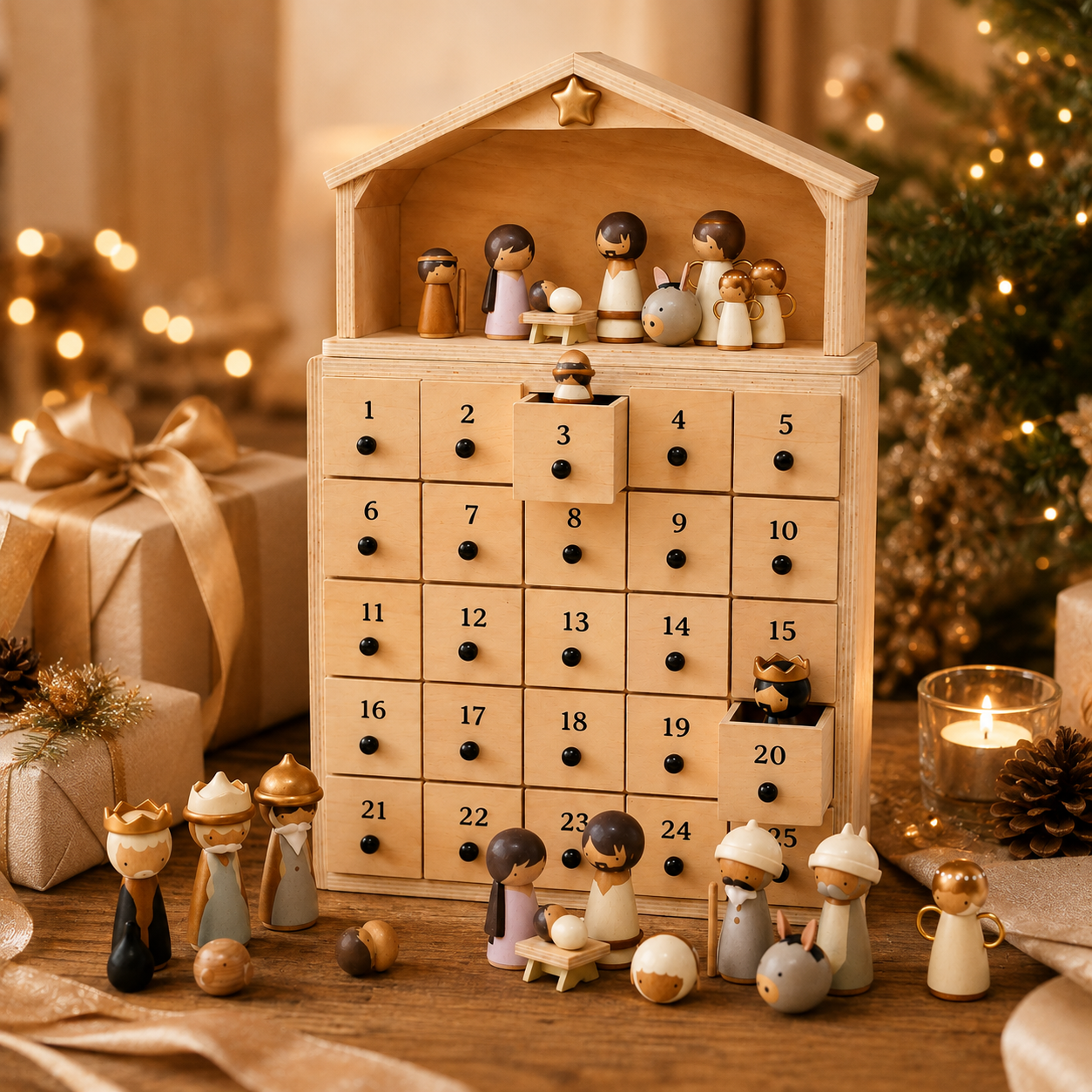 Nativity Advent Calendar 25-Day Wooden Nativity Figures Display
