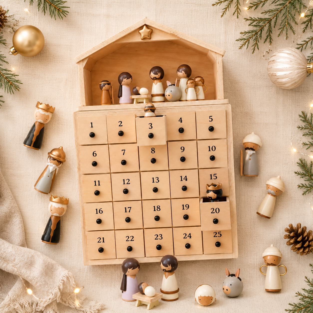 Nativity Advent Calendar 25-Day Wooden Nativity Figures Display