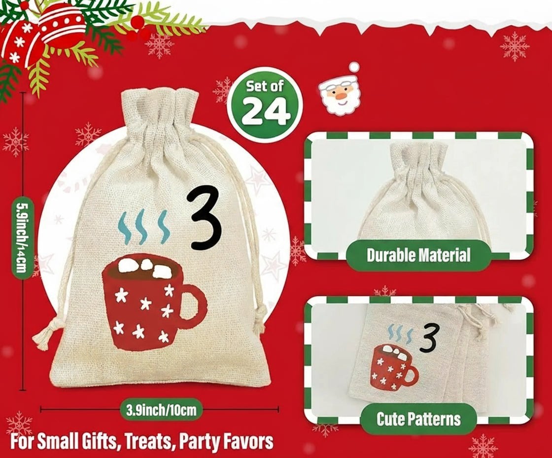 DIY Advent Calendar with 24 candy bags Festive Numbered Drawstring