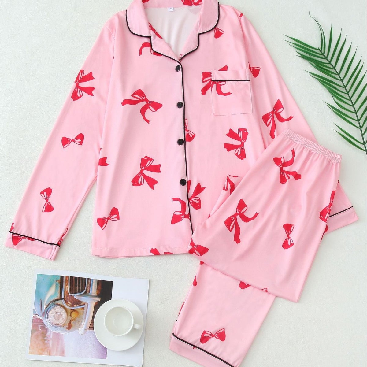 Christmas Womens Christmas Pajamas Button-Up Bow Print Set