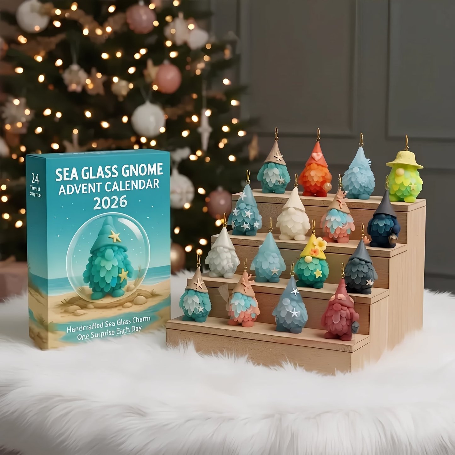 Handcrafted Sea Glass Gnome Advent Calendar 24 Ornament Set
