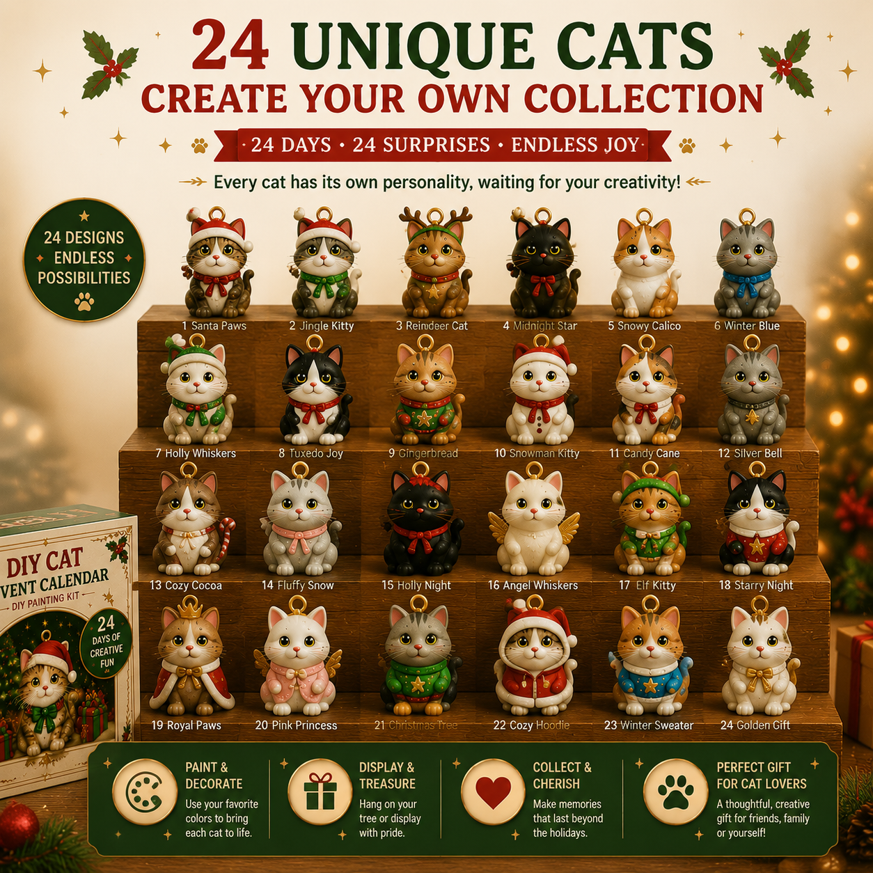 Fillable Advent Calendar DIY Painting Cat Ornament Kit