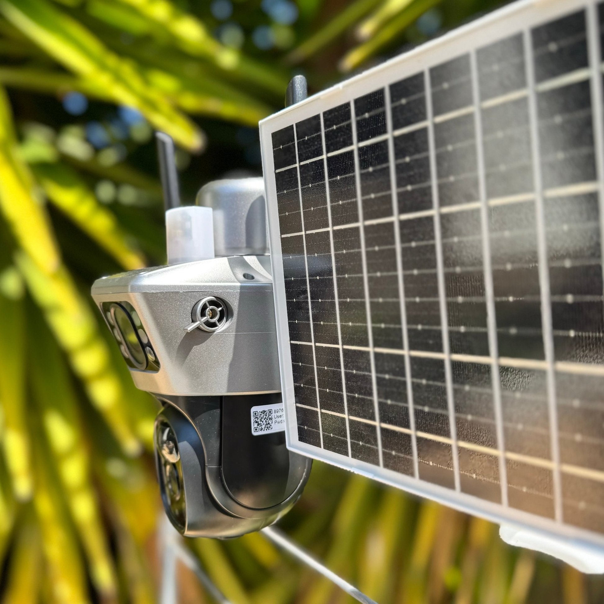 The Guardian solar security camera — camera head and solar panel detail