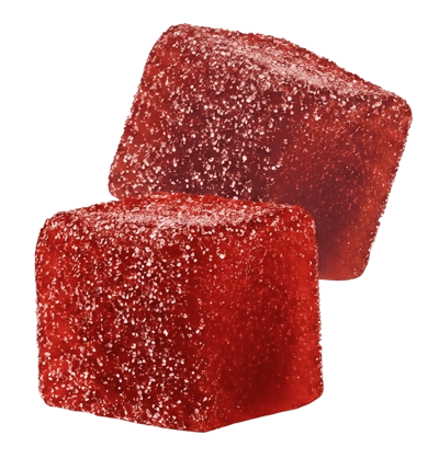 Close-up of Spicy Cubes Hot Peach gummies coated in chili powder