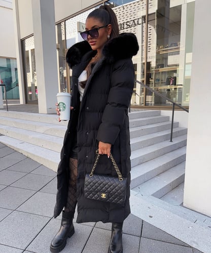 Sophia | Women's Belted Long Puffer Coat with Fur Hood