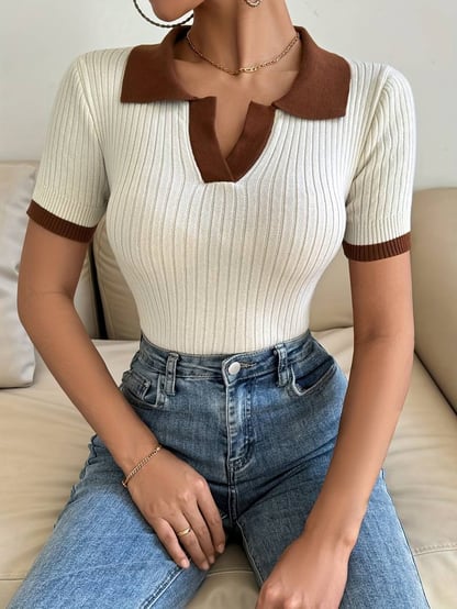 Freya | Women's Ribbed Notched Collar Knit Sweater