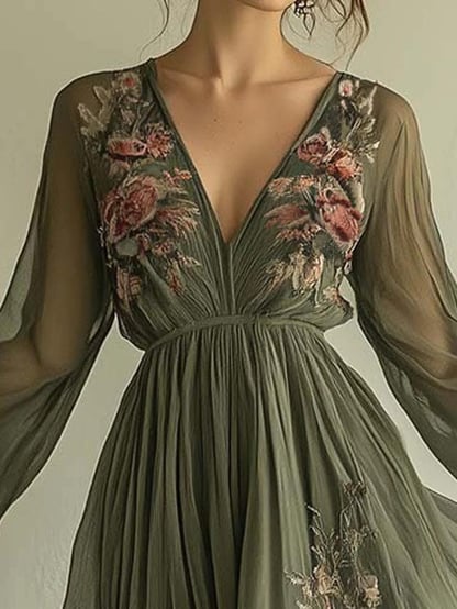 Freya | Women's Embroidered Chiffon Maxi Dress
