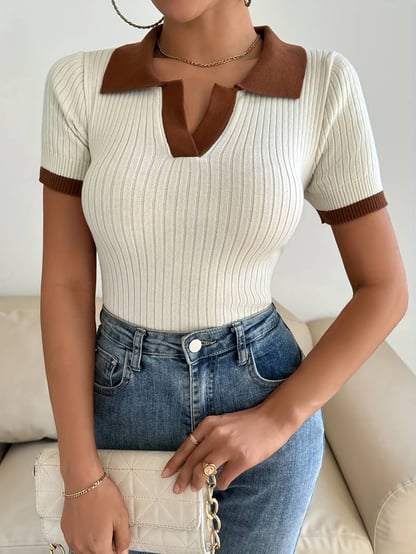 Freya | Women's Ribbed Notched Collar Knit Sweater