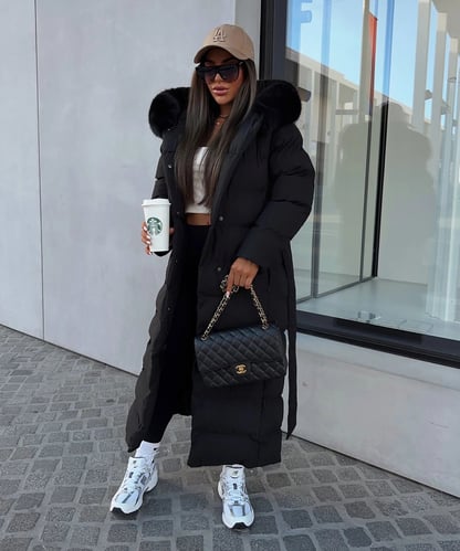 Sophia | Women's Belted Long Puffer Coat with Fur Hood
