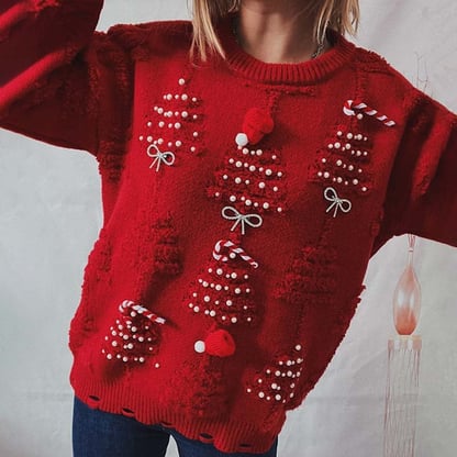 Millie | Women's Distressed Embroided Christmas Sweater