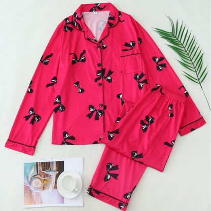 Christmas Womens Christmas Pajamas Button-Up Bow Print Set