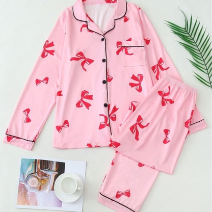 Christmas Womens Christmas Pajamas Button-Up Bow Print Set