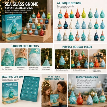 Handcrafted Sea Glass Gnome Advent Calendar 24 Ornament Set