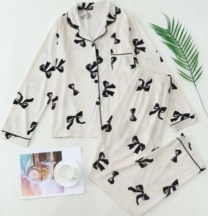 Christmas Womens Christmas Pajamas Button-Up Bow Print Set